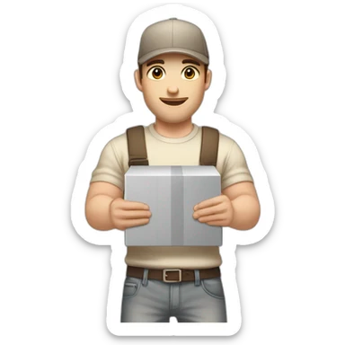 Pale skinned fit Man with dark brown hair in a beige cap, gray jeans, brown polo and white T-shirt keeping a pasted with tape white box into his hands sticker