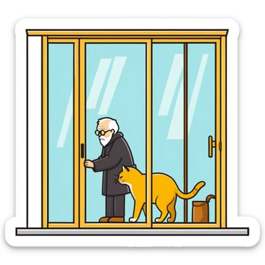  old blind man  looking through glass door at ￼his golden cat  sticker