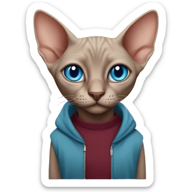 sphinx cat with blue eyes in a burgundy sweatshirt sticker