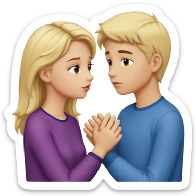 iOS emoji style, girl holding hands with one boy while kissing another boy, one boy blond, the other brunet, subtle suspicious expression sticker