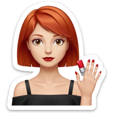 capelli corti di colore rosso, tagliati leggermente sopra le spalle e con una chioma piena e ben curata. Ha la carnagione chiara, il collo sottile Le mani con lo smalto rosso, Ha lo sguardo fiero e sicuro di sé ed una personalità dominante sticker