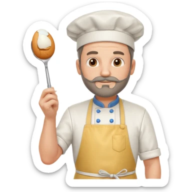 Middle aged male pastry chef - with a small beard, apron, white hat, holding an egg beater in his right hand, and his left hand naturally hanging down to his side sticker