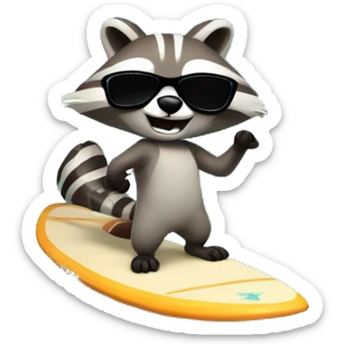 A racoon with sunglasses on a wave with a surfboard sticker