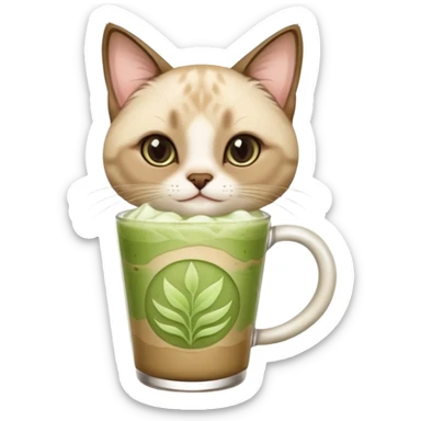 Happy Siamese Cat holding in its paws an iced matcha latte sticker
