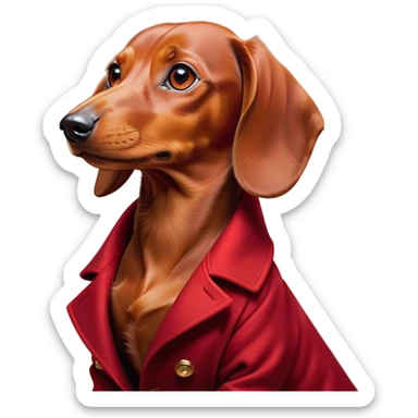 Cinematic Noble Red Dachshund Portrait Emoji, Poised and regal, with a long, low-slung build and a smooth, well-groomed red coat, deep-set soulful brown eyes, Simplified yet sharp and sophisticated features, highly detailed, glowing with a soft, dignified glow, high shine, intelligent and determined, stylized with an air of charm, focused and attentive, soft glowing outline, capturing the essence of a watchful and confident companion, so majestic it feels as though it could slide out of the screen with effortless authority! sticker