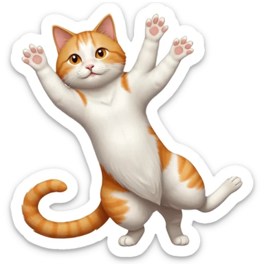 ginger and white cat with orange eyes doing a big extremely long stretch reaching up into the air with arms and legs side by side together straight and overextended whilst lying on its side sticker