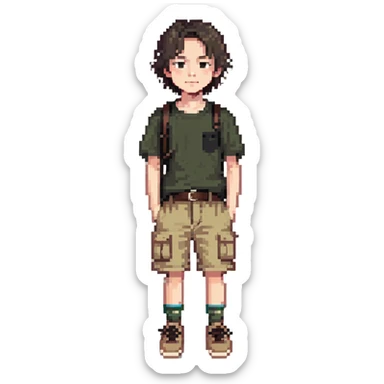 boy wearing an olive-green shirt over a brown T-shirt with beige cargo shorts sticker