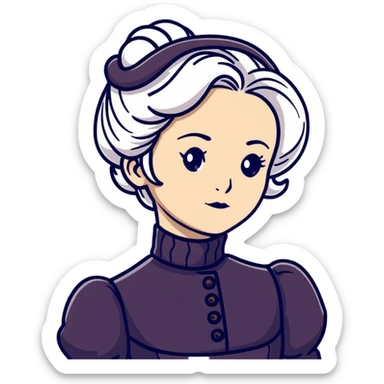 Victorian woman with white coiffed hair, modest turtleneck Victorian dress, and an awestruck expression sticker