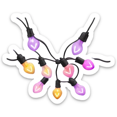 Realistic string lights with pink and purple bulbs in the shape of a heart and a power plug in on the end of the lights. sticker