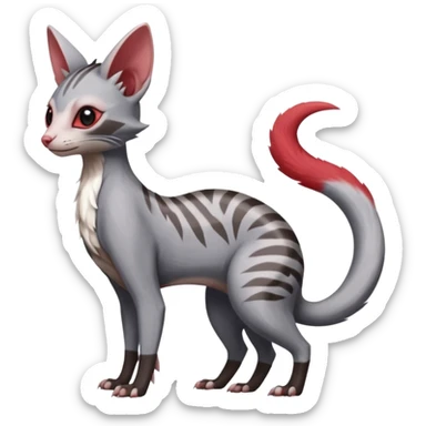 Minccino-Lykoi-Civet-Sphynx-Linoone-Zangoose-fusion-hybrid-animal-Fakémon-creature, full body, thin long sleek scaly tail, intricate markings sticker