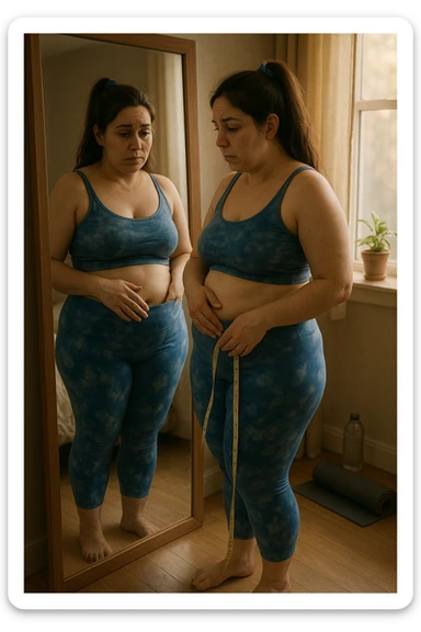 A realistic, cinematic illustration of a woman in her early 30s with a slightly rounded body shape, standing in front of a mirror in a softly lit bedroom, looking at her reflection with a thoughtful, slightly discouraged expression. She is wearing comfortable home workout clothes, holding a tape measure in one hand loosely, while her other hand gently touches her belly area, showing her frustration with slow weight loss progress. The room is cozy, with natural light filtering in, a yoga mat rolled up in the corner, a water bottle, and a small plant on the windowsill. The scene captures the emotional struggle and quiet determination of a woman facing difficulties in losing weight despite her efforts, with warmth and dignity. sticker