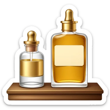 luxurious serum bottle with fancy label on a shelf, blank sticky note nearby sticker