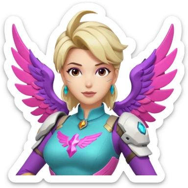 Overwatch Mercy flying, 80s outfit, teal pink and purple sticker