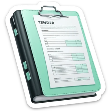 Commande Publique (Public Procurement), 3D technical icon with black and mint green (#B5F4D3), tender document with technical specifications and compliance checklist sticker