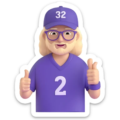 Man with black and white cap, purple sports jersey with number 32, clear glasses, light blond mullet hairstyle, thumbs up sticker