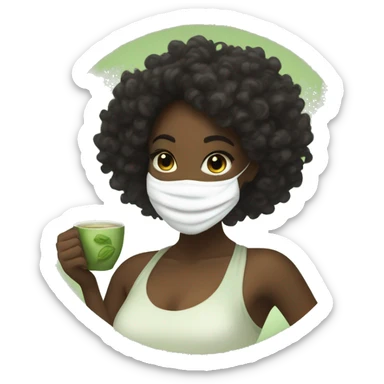 Black girl with curly hair wrapped in a towel, has a white face mask on and holding a steaming matcha tea while smiling  sticker