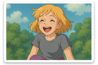 A girl yellow hair brown eyes grey Women's just t's short triblend t-shirt purple trousers laughing sticker