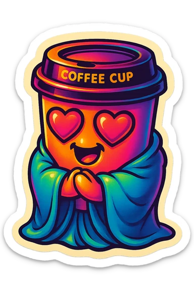 Ink wash style, coffee cup creature, big heart eyes, dopey smile sticker