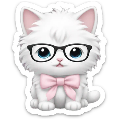 white fluffy chubby kitten with pale pink bow nerdy glasses sticker