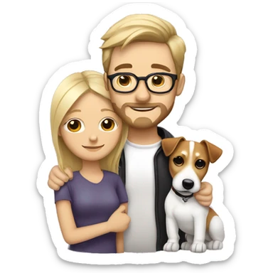 blonde girl and her white men with brown hair, glasses, a little Beard and moustache, both cuddling a jack Russell sticker