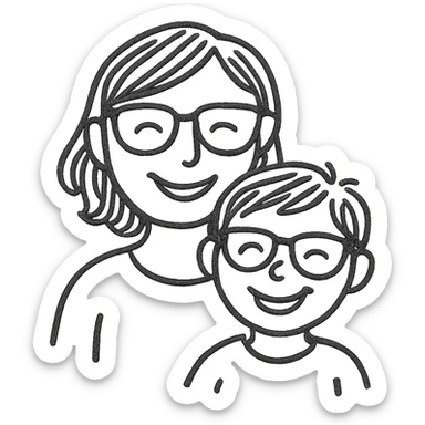 A happy woman with brown hair and a child boy, both wearing Ray-Ban glasses sticker