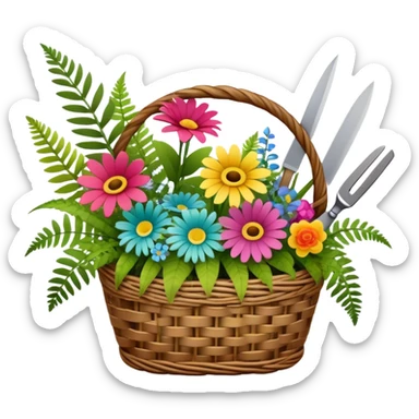 Icon for Floristry: a woven basket with flowers, reeds, ferns, bright ribbons and a small plush toy. Add big garden scissors and knife above. The icon should represent creativity in flower arrangement and decorative design. Transparent background. sticker