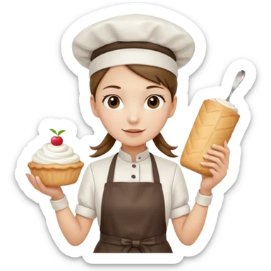 Young female pastry chef - single ponytail, apron, wearing a white hat, holding a cream bag sticker