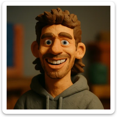 20 year old man, short scruffy beard and thin moustache, brown puffy mullet, blue eyes, big smile, white teeth, big lips, pronounced jaw, hair longer in back, sticking up on top, thin face, grey hooded sweatshirt, blue eyes sticker