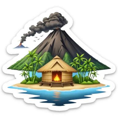 bamboo hut with volcano in the back in Volcano Island  sticker