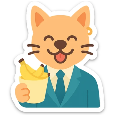cat with a dog nose, wearing a suit, earring, holding a cup of bananas, playful expression sticker