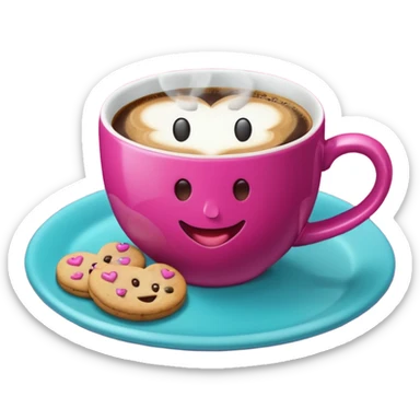 cup of coffee, steaming, the smoke should come out in the shape of a heart, the color of the cup is fuchsia, the cup has a happy face printed on it, the cup rests on a turquoise blue plate, and there are cookies and sugar cubes around the cup. sticker