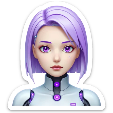 Cyberpunk female android, perfect porcelain skin, glowing artificial eyes, visible faint seams on neck, sleek metallic hair, expressionless, vibrant violet lighting sticker