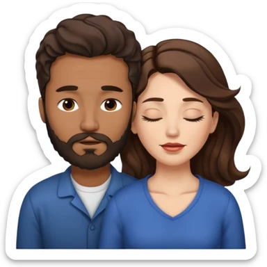 White woman (brown hair with eyes closed) and brown man with black wavy hair (has a a beard with his eyes closed too),The woman has her lips on the forehead of the man. sticker