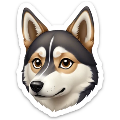 Dog face with black, white and tan. Mostly Black, down around eyes and down side of nose. Tan eyebrows and white on the rest of the nose and a small triangular strip up between the eyes. Pointy black ears. Shepard and husky like sticker