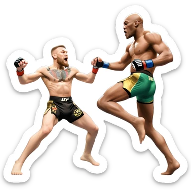 An MMA showdown between Conor McGregor and Anderson Silva in the octagon. McGregor is executing a jumping strike, while Silva skillfully deflects the attack. The background shows the UFC octagon with roaring fans and vibrant energy. Transparent background. sticker
