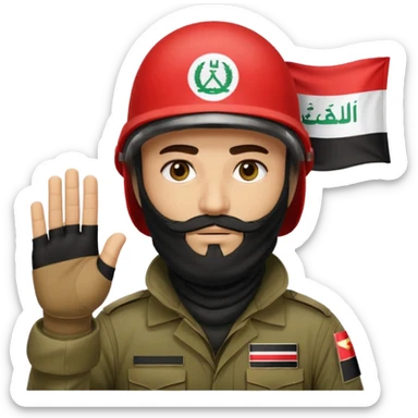 surrenders, depicts an Iraqi soldier from 1980, with a beard, in a helmet, a helmet with sign flag Iraq, with a balaclava, with sad eyes and both hands raised up sticker