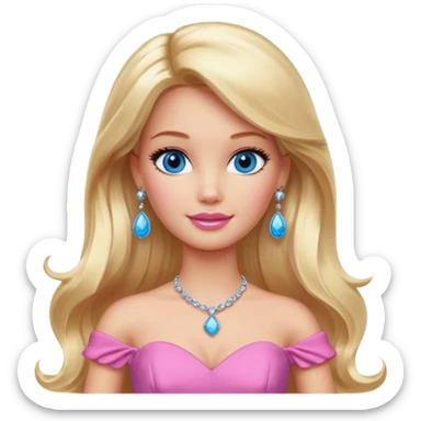 barbie, long blonde hair, pink dress, with blue eyes,different dress,ear rings, jewelary. sticker