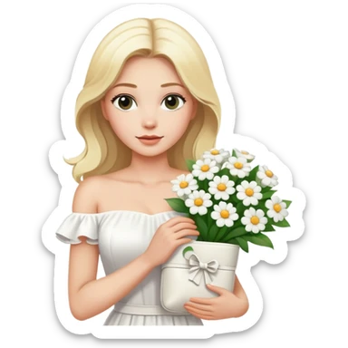 blonde woman in a white off-shoulder dress with a bouquet of white flowers in a white bag in her right hand sticker