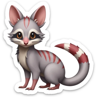 Minccino-Opossum-Numbat-Lykoi-Sphynx-Zangoose-fusion-hybrid-animal-Fakémon-creature, full body, thin long sleek scaly tail, intricate markings sticker