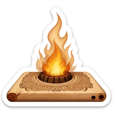 Pyrography icon, piece of wood with half-burned intricate patterns, pyrography tool emitting heat, visible burn marks and ongoing design process, smoke rising from the wood, wood texture, minimalistic style, clean lines, transparent background. sticker