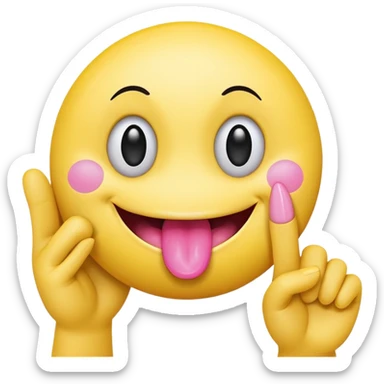 The image is a digital illustration of a yellow smiley face with big, round eyes and a big smile. The face is holding a pink tongue sticking out and making a 67 with its fingers. Above the face, The background is white. Like this but get rid of the text but make the hands do the numbers 67 sticker