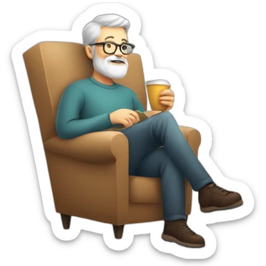 Bearded 56 years old man, glasses, perspective armchair, Reading at home, drinking a coffee, relax sticker