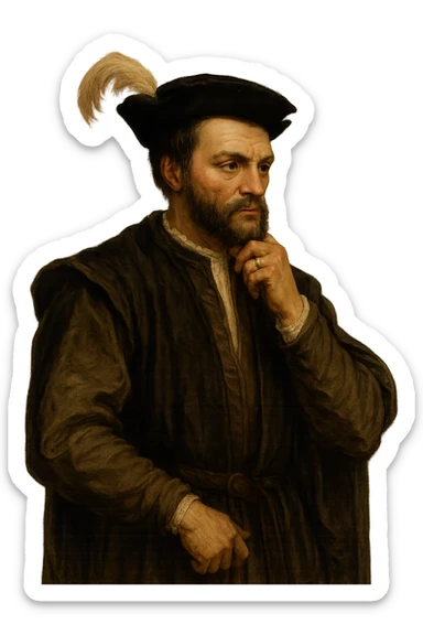 Jacques Cartier, French explorer, wearing 16th-century explorer attire, feathered hat, short beard, confident expression, historical style, no background sticker
