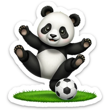a panda kicking soccer happily on a field sticker