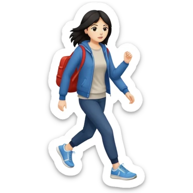 iOS emoji style - a dark haired woman in casual clothes and wearing trainers. Walking quickly. She does not have a bag or backpack.

 sticker