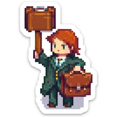 waving hand with a briefcase, end of shift, pixel art style sticker
