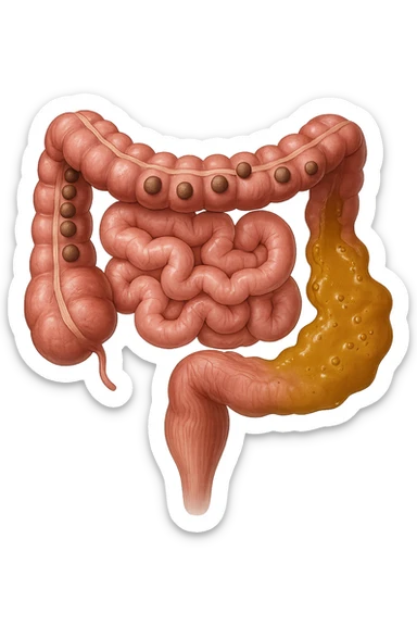 INTESTINO UMANO ANATOMICO REALISTICO CON FECI A PALLINE E FECI LIQUIDE CHE FLUTTUANO DIETRO BEN DISTINTE, IPERREALISTICO 4K sticker
