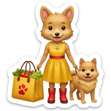 smiling-dog-in-a-yellow-dress,-red-boots,-carrying-a-market-bag sticker
