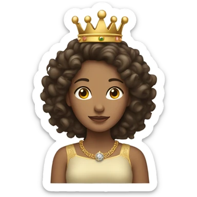 A brunette woman with curly hair, wearing a queen’s crown sticker