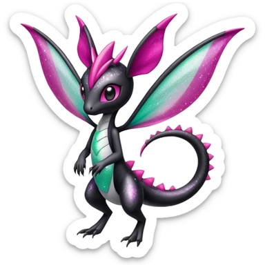 Cute elegant realistic sparkly glittery Magenta, black and white Meloetta-Flygon-Gorebyss-Salandit-Pokémon-Fakémon-creature-fusion-hybrid sticker